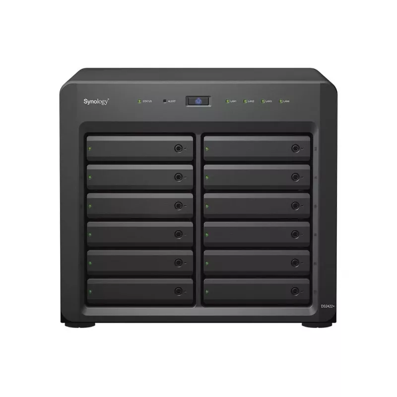 NAS Synology DS2422+; Torre; 12x (3,5 SATA HDD/2,5 SATA HDD/2,5 SATA SSD); AMD Ryzen V1500B; 4 GB DDR4 (máx. 32GB), 4 x 1GbE RJ-45