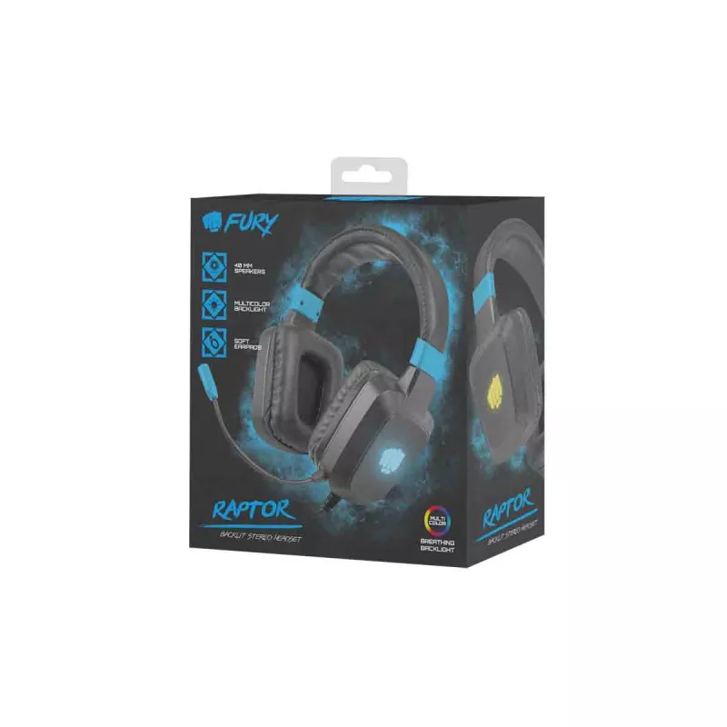 Headset gaming com fios Fury NFU-1584 com microfone de arco, circumaural, 98 dB, 15–25000 Hz, cabo de 2 m, USB e 3,5 mm, azul