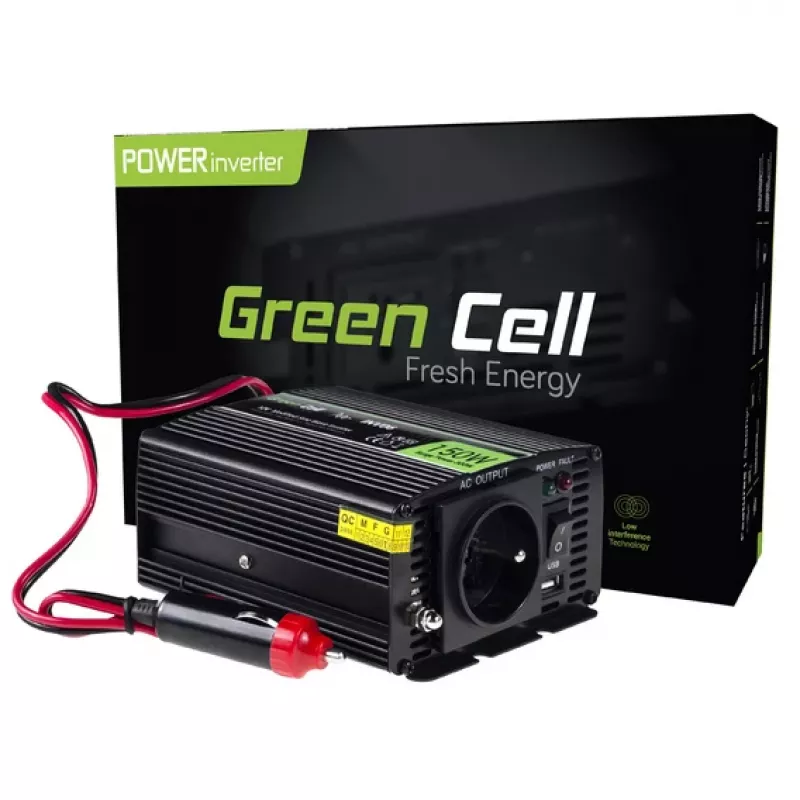 Adaptador inversor Green Cell INV06 12V para 230V 150W 50Hz ficha tipo C, 85% de eficiência, preto