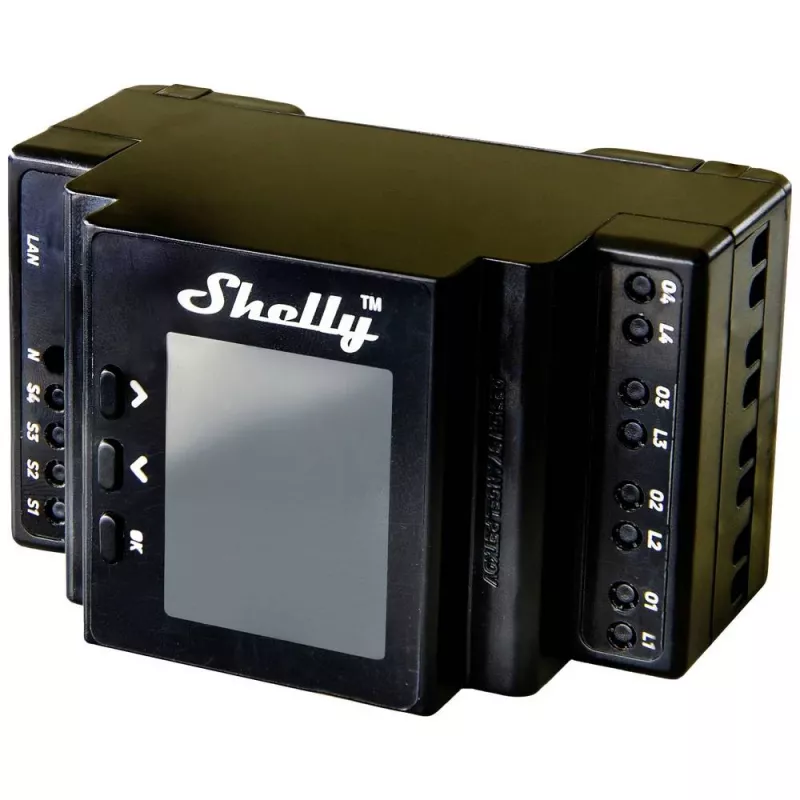 Módulo de relé para calha DIN Shelly 4 canais Pro 4PM Wi‑Fi, 4 canais, AC 110–240 V, medição de potência e energia, montagem em calha DIN
