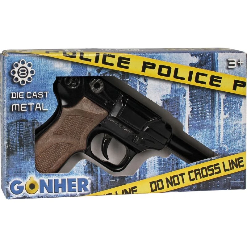 Revólver de polícia de brinquedo em metal Gonher 8 tiros, construção em metal, modelo 258441