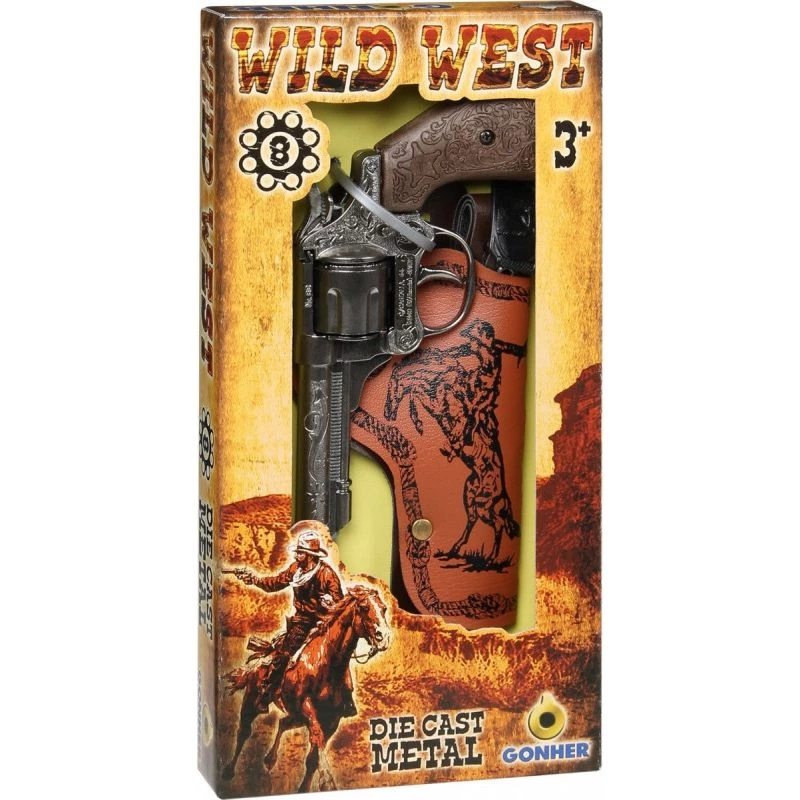 Gonher 201/0 revólver de cowboy de metal para 8 cartuchos com coldre