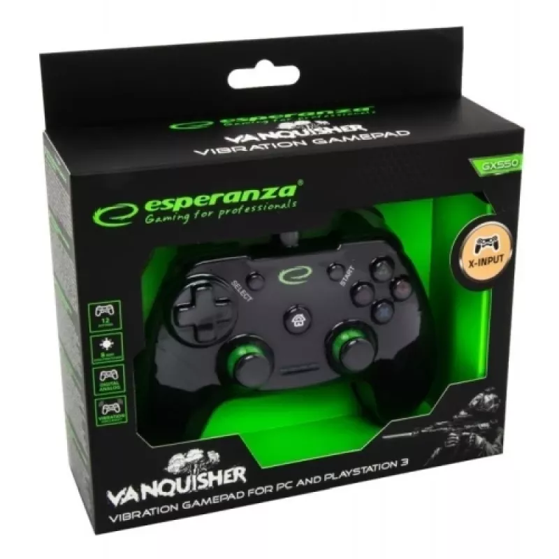 Esperanza EGG110K Vanquisher comando USB com fio para PC/PS3, com vibração, 12 botões, 2 manípulos analógicos, preto/verde