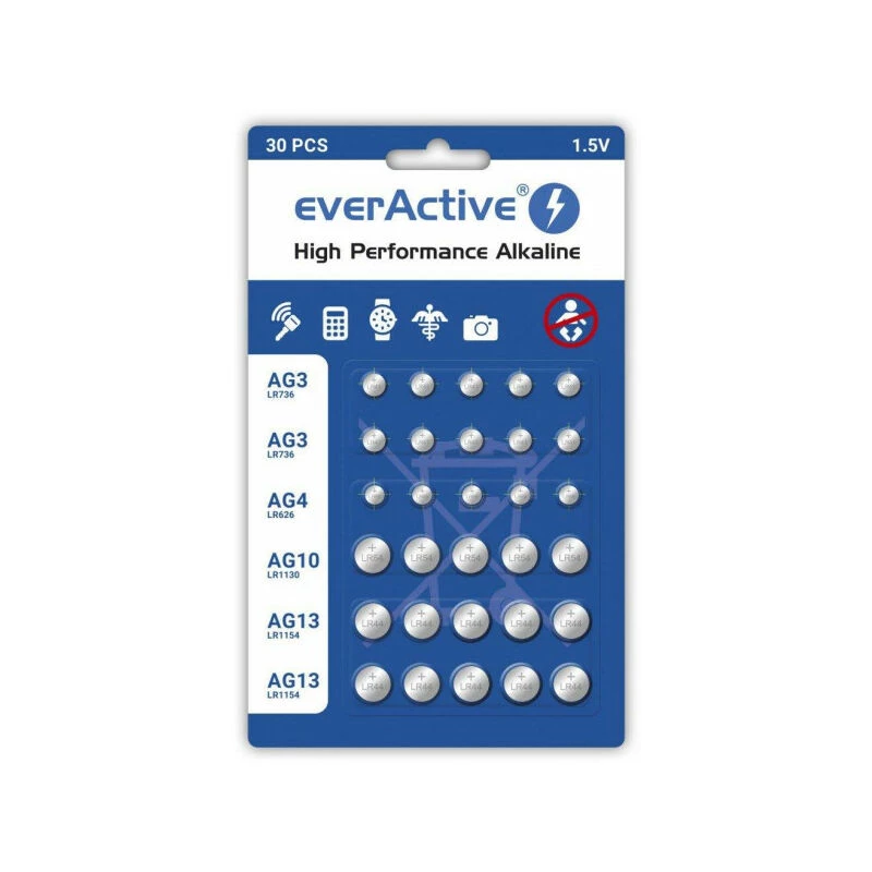 Pilhas alcalinas everActive AGMIX30BL 1,5 V — pack de 30 unid., botão
