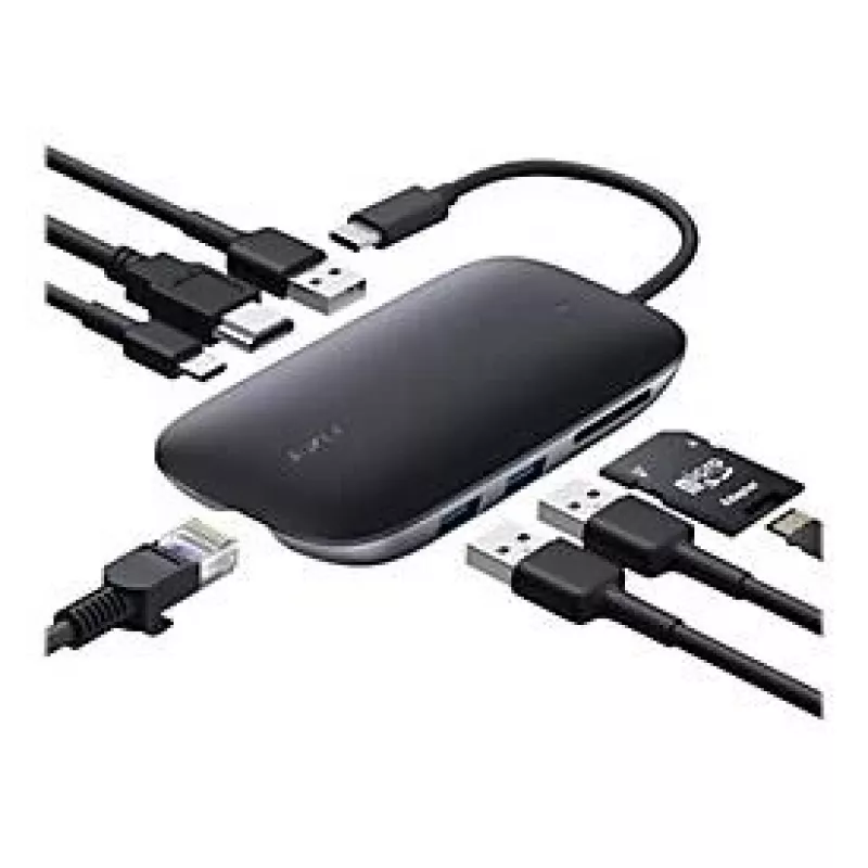 AUKEY CB-C71 hub USB-C 8 em 1, 3x USB-A 3.0, HDMI 4K@30Hz, Gigabit RJ45, SD/microSD, USB-C PD 100 W, cabo de 0,15 m, alumínio, preto