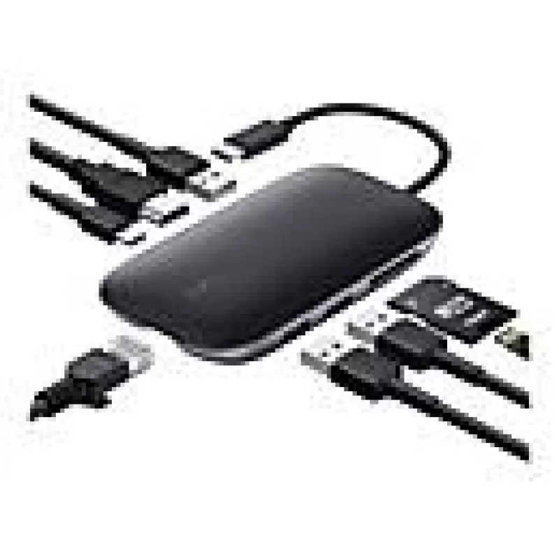 AUKEY CB-C71 hub USB-C 8 em 1, 3x USB-A 3.0, HDMI 4K@30Hz, Gigabit RJ45, SD/microSD, USB-C PD 100 W, cabo de 0,15 m, alumínio, preto