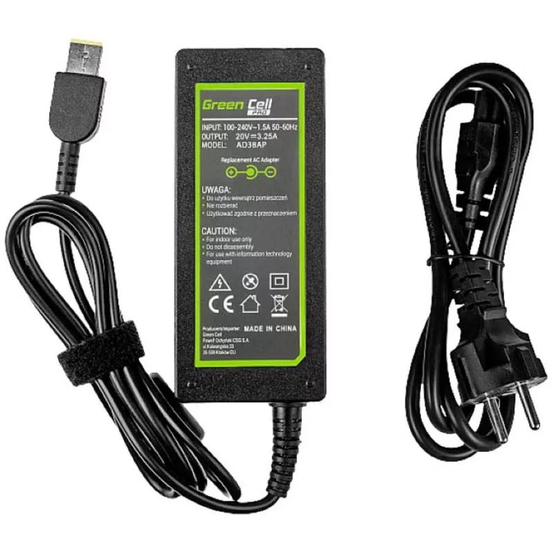 Fonte de alimentação Green Cell AD38AP 65W para portáteis Lenovo, 20V 3,25A, cabo de 1,2 m, preto
