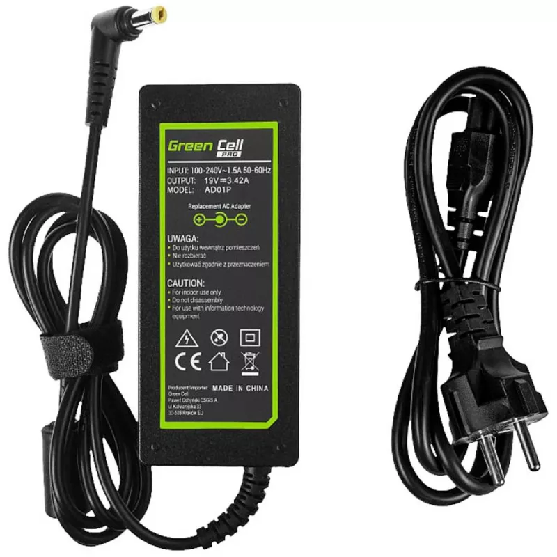 Fonte de alimentação Green Cell AD01P — 60 W, 19 V 3,42 A, fonte de alimentação para portátil para interiores, preto