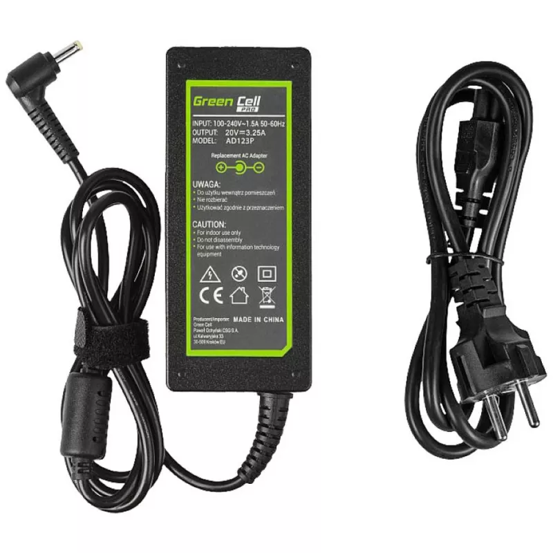 Fonte de alimentação Green Cell AD123P 65 W 20 V 3,25 A para Lenovo, para interior, preto, cabo de 2 m