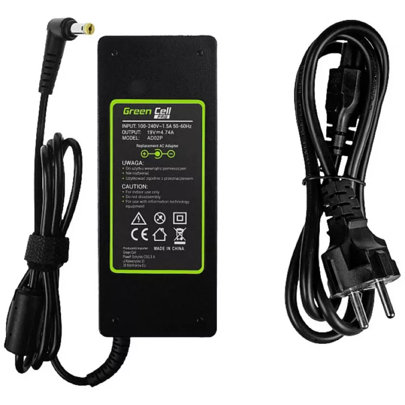 Fonte de alimentação para portátil Green Cell AD02P 90W 19V 4,74A AC-DC para interiores preto
