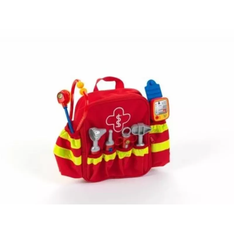 Theo Klein 4314 Mochila de emergência e resgate I com estetoscópio, seringa e muito mais I medidor de tensão eletrónico com som I brinquedo para crianças