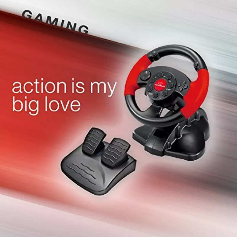 Volante ESPERANZA EG103 Comando de jogos — PC/PS2/PS3, 13 botões, vibração, sensor de aceleração, preto/vermelho