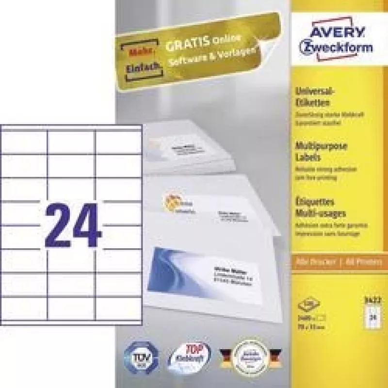 Etiquetas universais 70x35mm InkjetLaserCopy A4 100 folhas 2400 peças branco