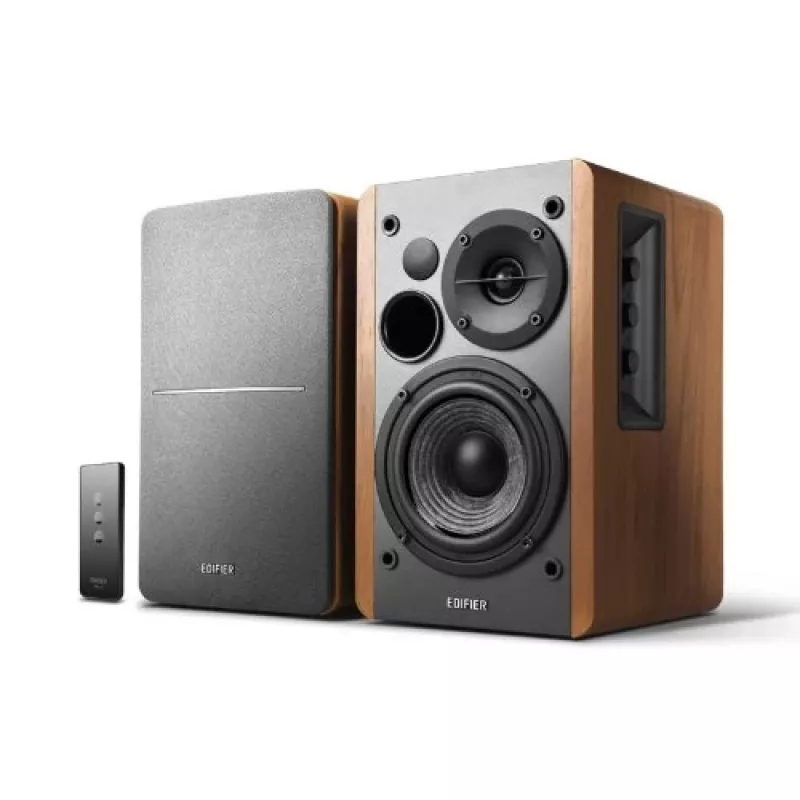 Sistema de altifalantes ativos de estante Edifier R1280T com controlo remoto e entradas RCA duplas - Brown Wood