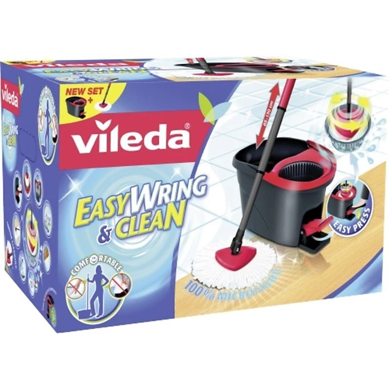 Mopa VILEDA EasyWring & Clean Turbo, balde de tecnopolímero vermelho, capa de microfibra lavável removível, para pavimentos duros