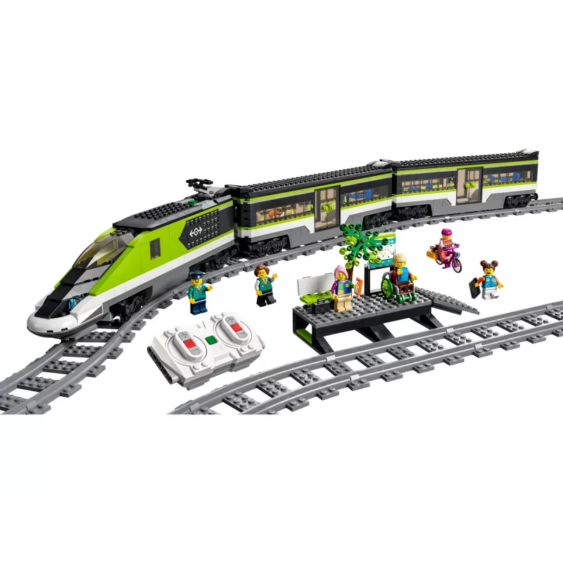 LEGO 60337 City Comboio de passageiros expresso Conjunto brinquedo telecomandado presente para crianças rapazes e raparigas com faróis funcionais 2 vagões e 24 peças de via