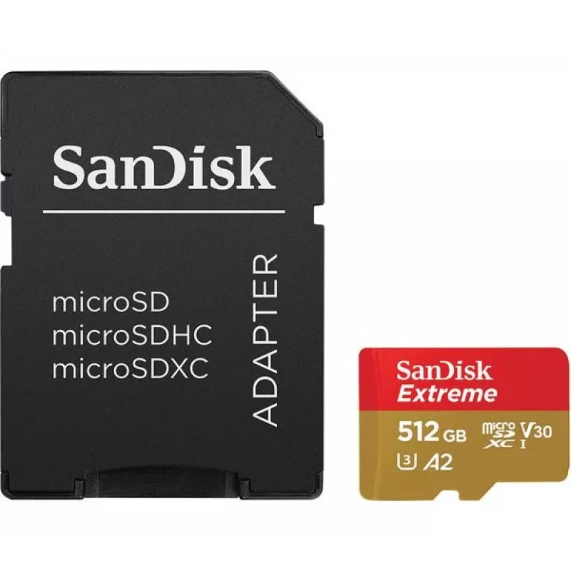 Cartão de memória MicroSDHC SANDISK Extreme 512 GB UHS-I A1 V30 U3 Classe 10, leitura 190 MB/s, escrita 130 MB/s, incl. adaptador SD