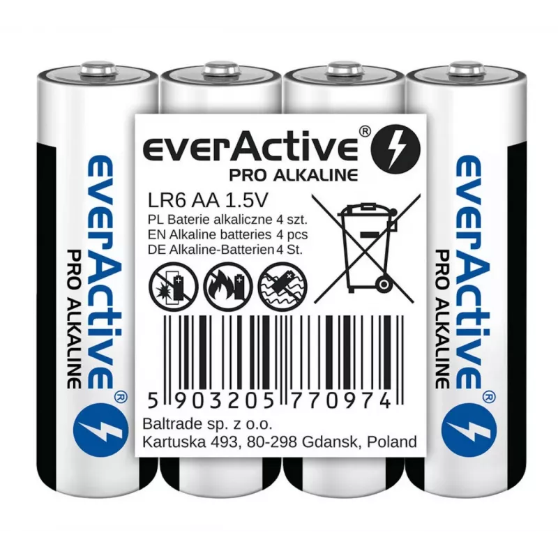 Pilhas alcalinas everActive LR6 AA pack de 4 — 1,5 V, 3000 mAh, 50,5 × 14,5 mm