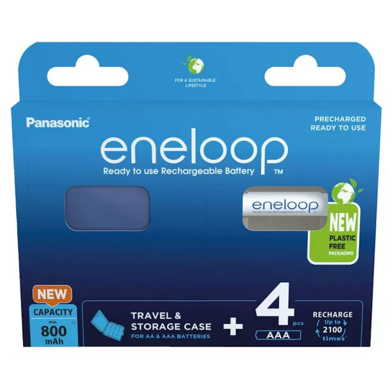 Pilhas recarregáveis PANASONIC ENELOOP AAA 800 mAh 4 unid. + estojo (BK-4MCDE/4CP+CASE)