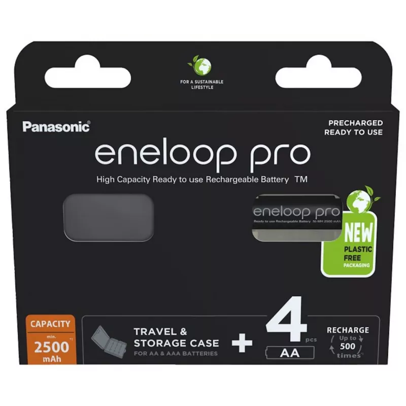 Pilhas recarregáveis PANASONIC ENELOOP PRO AA 2500 mAh 4 unid. + estojo (BK-3HCDE/4CP+CASE)