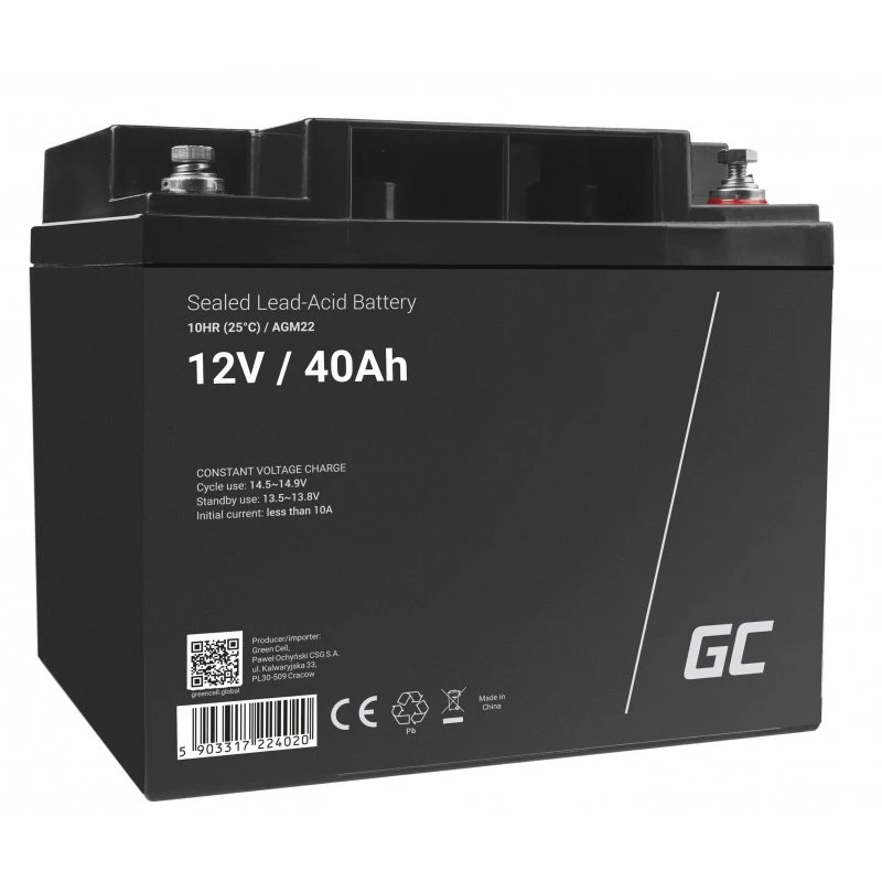 Green Cell AGM22 bateria para UPS, AGM de chumbo-ácido selada (VRLA), 12 V 40 Ah, 170 x 165 mm, 12,1 kg, preta