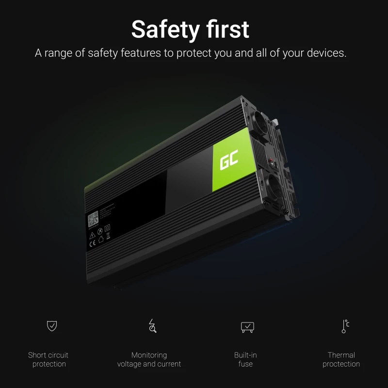 Inversor Green Cell INV12 3000 W 12 V para 230 V, 50 Hz, 1 USB, arrefecimento ativo, preto