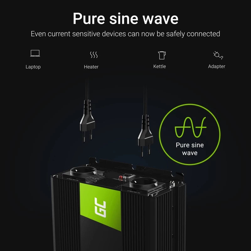 Inversor para automóvel Green Cell INV21 6000 W, 24V DC-AC, saída 230V, 2x USB PD, arrefecimento ativo, conectores DC removíveis, preto