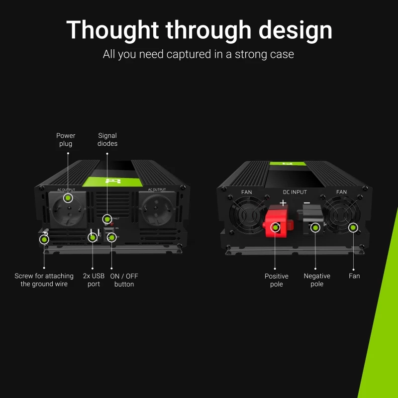Inversor para automóvel Green Cell INV21 6000 W, 24V DC-AC, saída 230V, 2x USB PD, arrefecimento ativo, conectores DC removíveis, preto