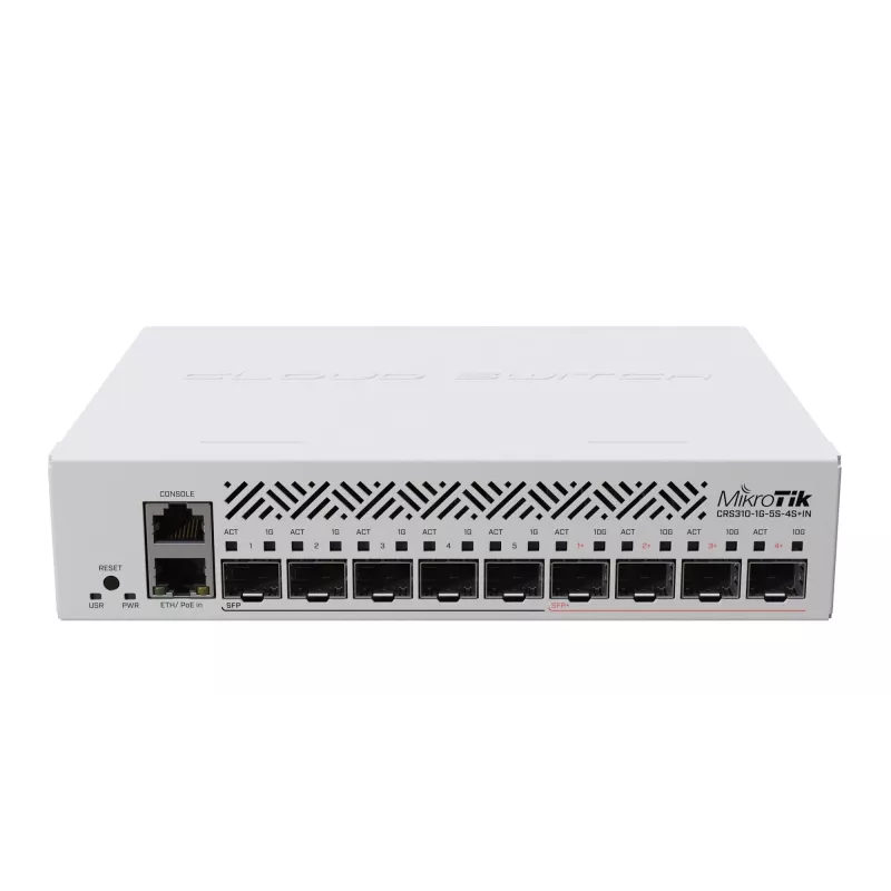 Switch de rede gerido L3 MikroTik CRS310-1G-5S-4S+IN — 1U, 1x Gigabit, 5x SFP, 4x SFP+, 10G, DC/PoE 18–57V, 20W máx.