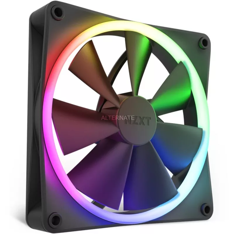 Ventoinha de caixa NZXT F140 RGB 14 cm, preta, 500–1800 rpm, rolamento fluido dinâmico, 4 pinos, 18 LEDs
