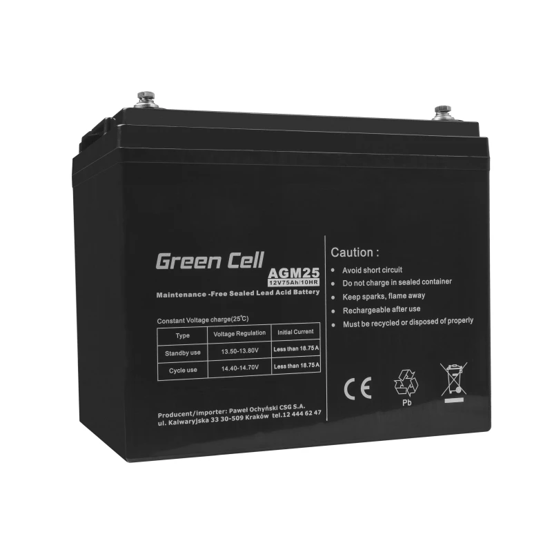 Bateria UPS de chumbo-ácido selada Green Cell AGM25 12 V 75 Ah, VRLA, 75 Ah, 12 V, 21,3 kg