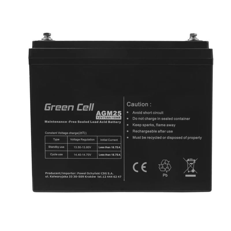 Bateria UPS de chumbo-ácido selada Green Cell AGM25 12 V 75 Ah, VRLA, 75 Ah, 12 V, 21,3 kg