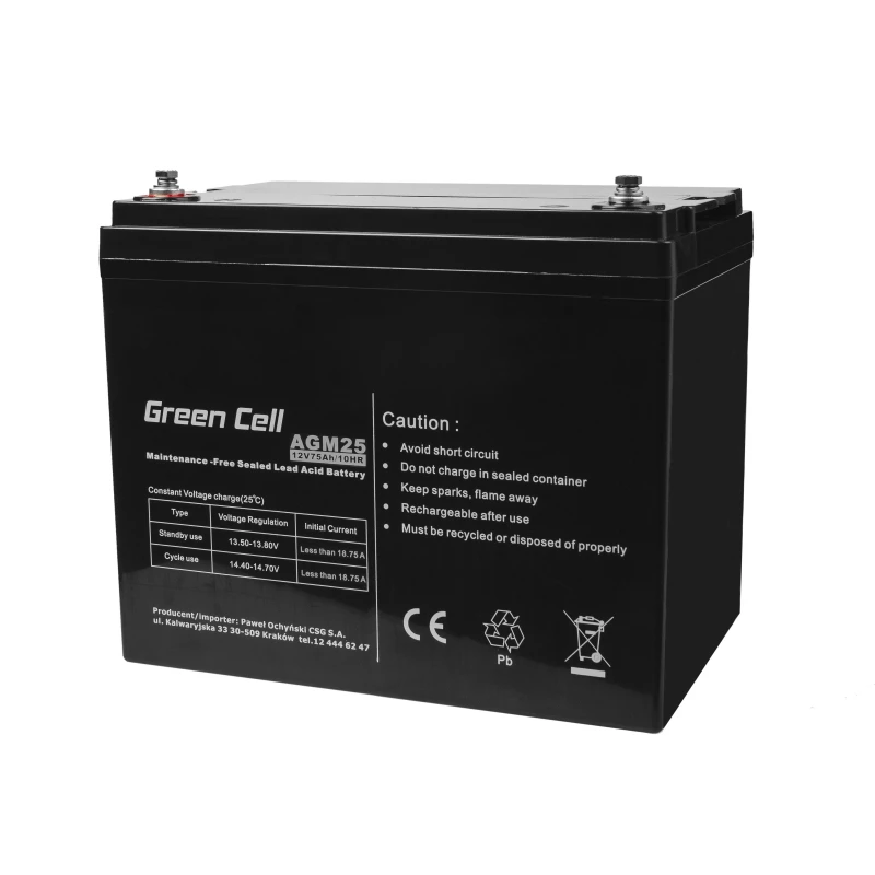 Bateria UPS de chumbo-ácido selada Green Cell AGM25 12 V 75 Ah, VRLA, 75 Ah, 12 V, 21,3 kg