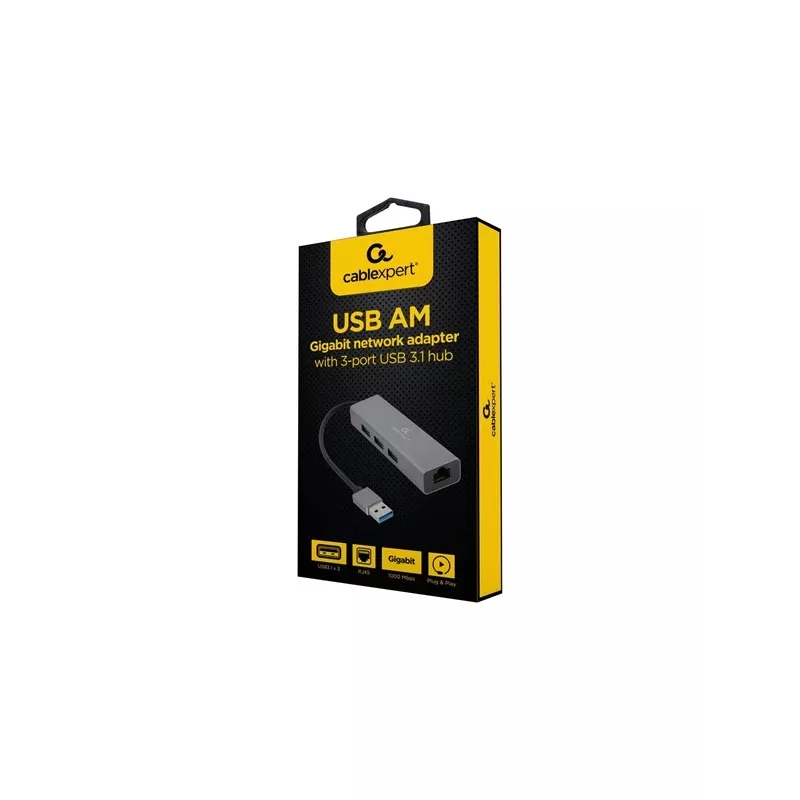 Gembird A-AMU3-LAN-01 adaptador USB-A para Gigabit LAN com hub USB 3.0 de 3 portas, preto