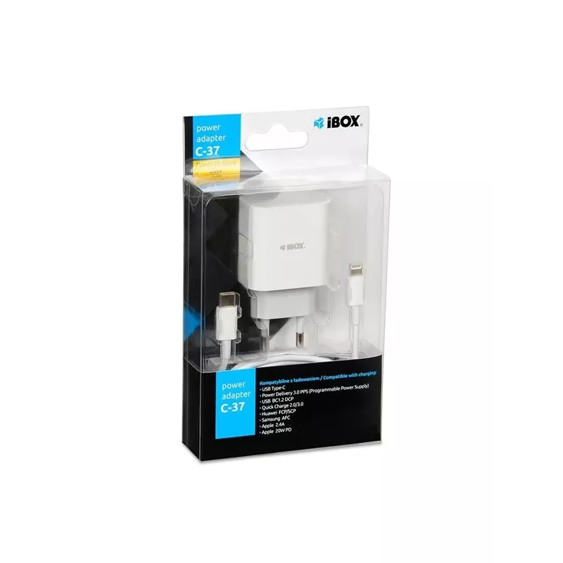 Carregador rápido USB Type-C de interior IBOX C-37, 20W, USB-C PD 3.0, saída 3 A, branco