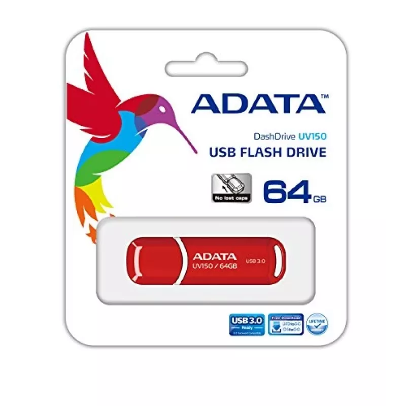 Pen Drive ADATA DashDrive UV150 64 GB, USB Tipo-A 3.2 Gen 1, Vermelho, Design com Tampa