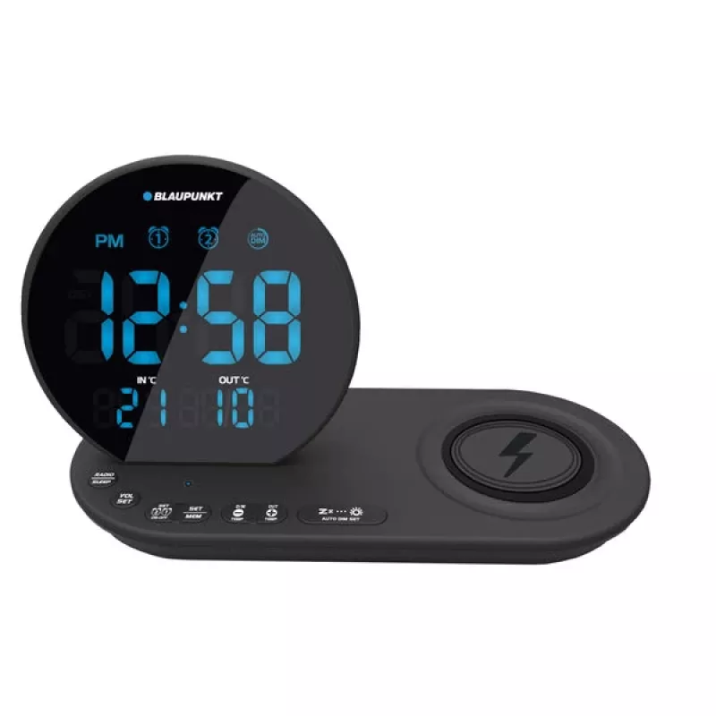 Rádio-despertador FM PLL/ALARME/USB/CR85BK CARREGAMENTO/Carregamento sem fios/temperatura interior/exterior/preto