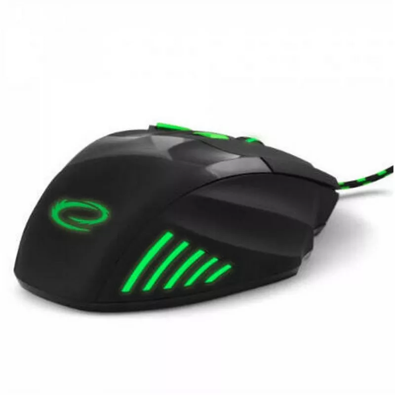 Rato gaming com fios ESPERANZA EGM201G — destro, ótico 2400 DPI, 7 botões, USB Type-A, cabo 1,5 m, preto/verde