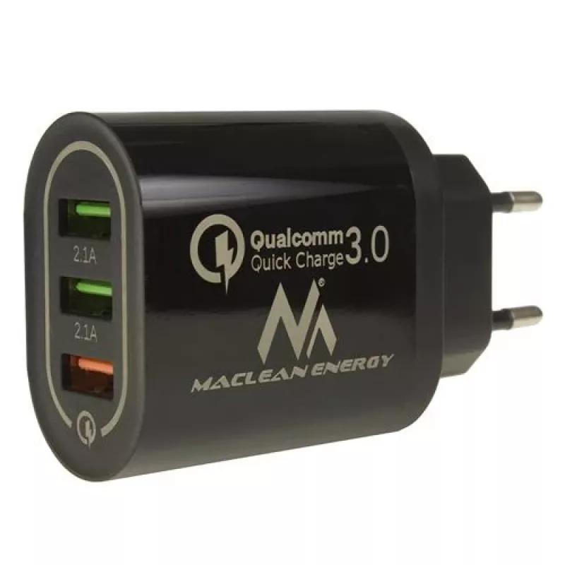Carregador de parede USB MACLEAN MCE479B — 3 portas USB, potência total 18W, compacto