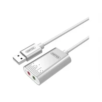 Conversor de áudio Unitek Y-247A, prateado, conector USB Type-A, compacto 12×28×46 mm