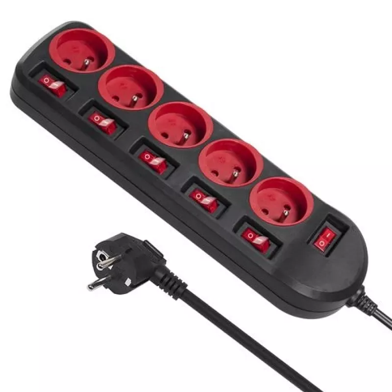 Extensão elétrica MACLEAN MCE204 cabo de 1,5 m, 5 tomadas AC, interior, preto/vermelho