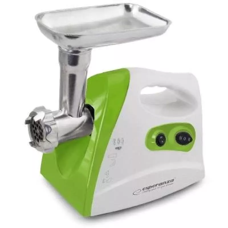 Picadora de carne ESPERANZA EKM012G — 600 W, lâmina de aço inoxidável, funil para salsichas, acessório para kebbe, marcha atrás, pés antiderrapantes, branco/verde