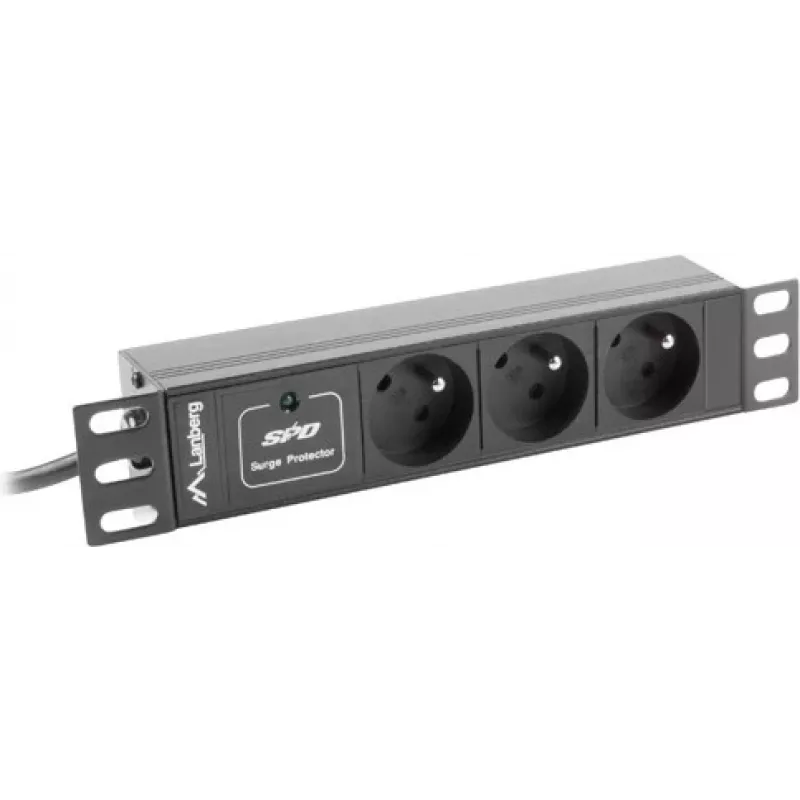 Régua de tomadas LANBERG PDU-03E-0200-BK — 1HE, 3x tomadas Type-E, 220–250 V, 16 A, cabo de 2 m, preto