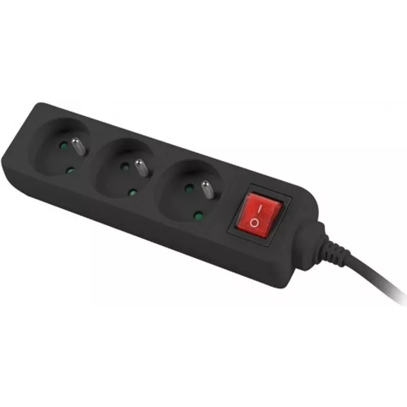 Régua de tomadas 3 m, preto, 3 tomadas, com interruptor, cabo de cobre maciço