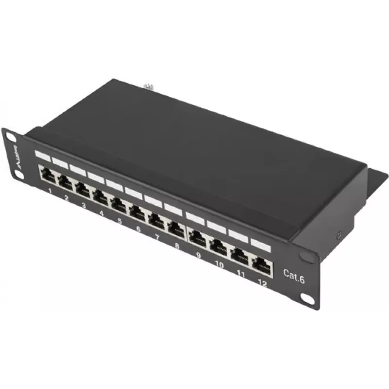 Patch panel LANBERG PPF6-9012-B — 12 portas RJ45, metal, preto, 1U (215×44,5×130 mm)