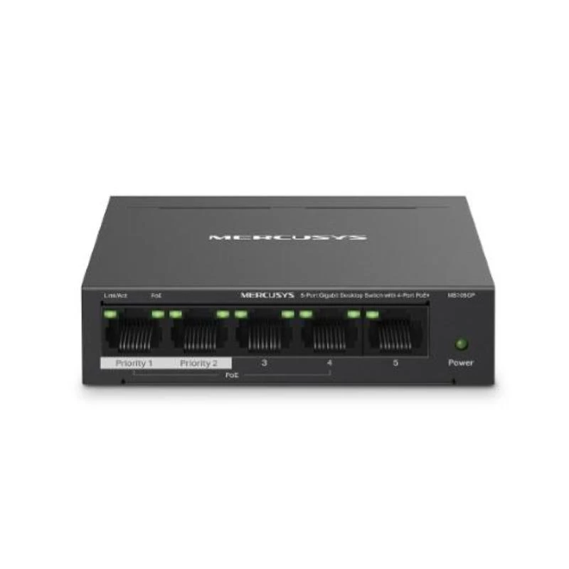 Switch de secretária Mercusys 5 portas Gigabit com 4 portas PoE+
