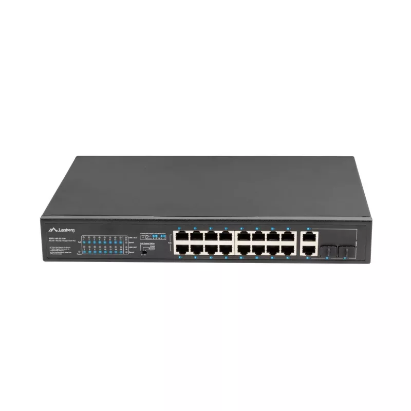 Lanberg RSFE-16P-2C-150 switch PoE+ não gerido, 16x 10/100 PoE+, 2x combo Gigabit, 150 W, rack 1U