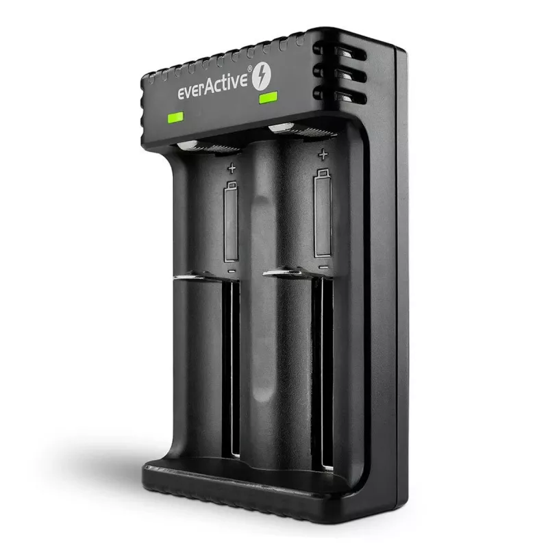 Carregador de pilhas everActive LC200 doméstico USB, 2 compartimentos, Li-Ion, compatível com A/AA/AAA/AAAA/C/D, entrada 5 V, saída 4,2 V, preto
