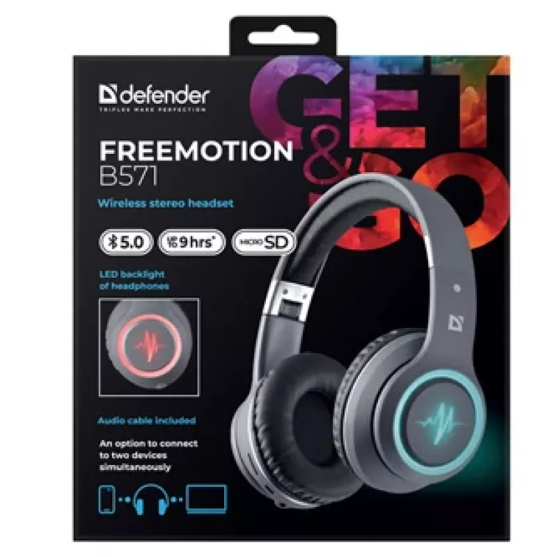 Headset DEFENDER FREEMOTION B571 LED sem fios binaural, drivers 4 cm, bateria 6–8 h, construção fechada, 20–20000 Hz