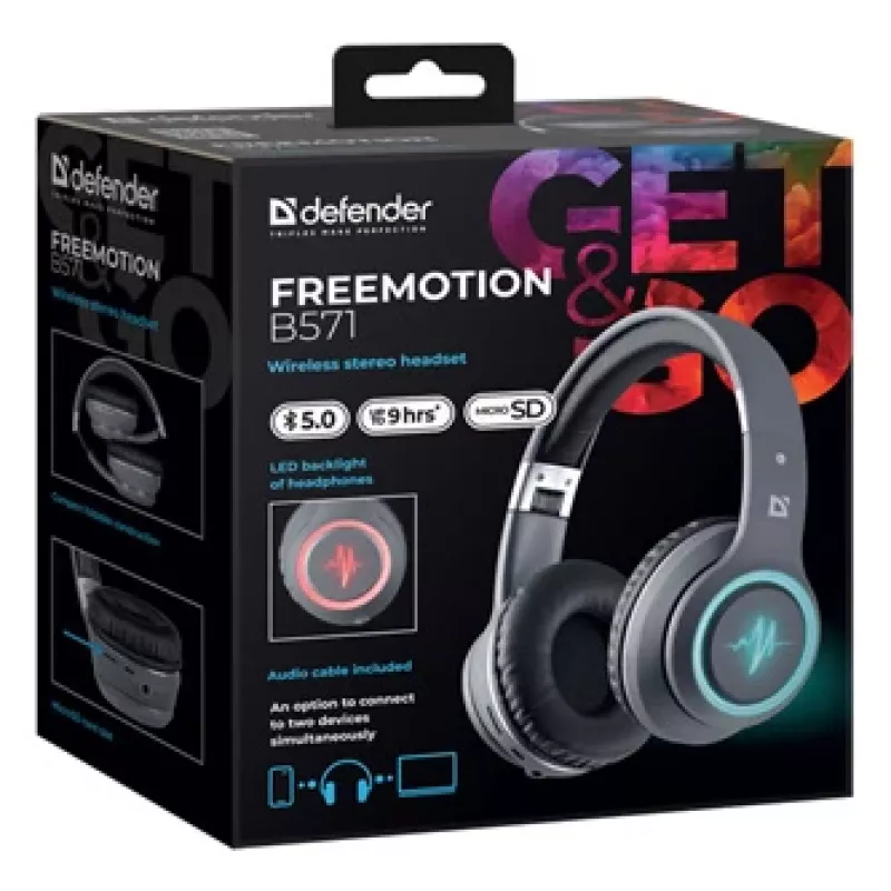 Headset DEFENDER FREEMOTION B571 LED sem fios binaural, drivers 4 cm, bateria 6–8 h, construção fechada, 20–20000 Hz